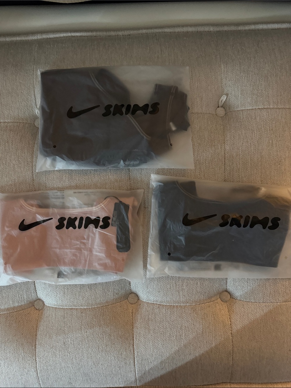 Nike x SKIMS Ribbed 1 Racer front bra, 2 Micro Scoop bra